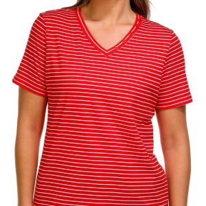 Coral Bay Petite Striped V-Neck Button Short Sleeve Top