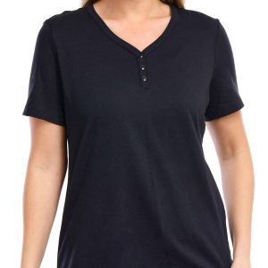 Coral Bay Petite Solid Short Sleeve Henley Button Tee