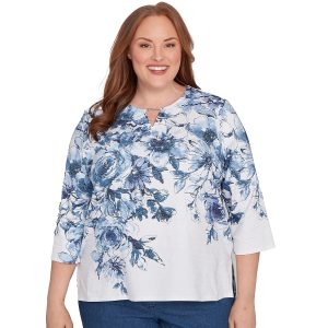 Alfred Dunner Plus 3/4 Sleeve Floral Yoke Studio Tee