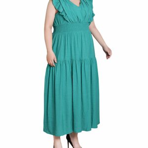 Plus Solid Smocked Flutter Sleeve Midi Dress